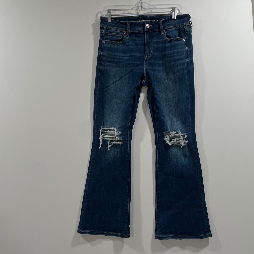 American Eagle Kick Boot Distressed Dark Wash Jeans Stretch 10 X-Short (31x26.5)